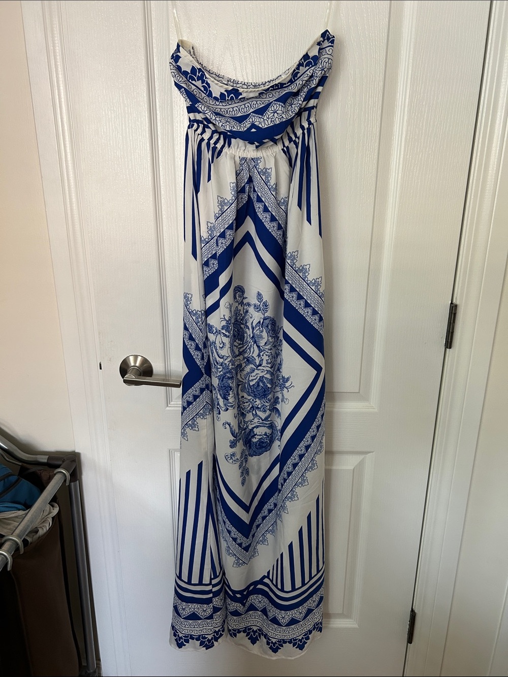 Blue & White Strapless Maxi Dress with Floral Medallion